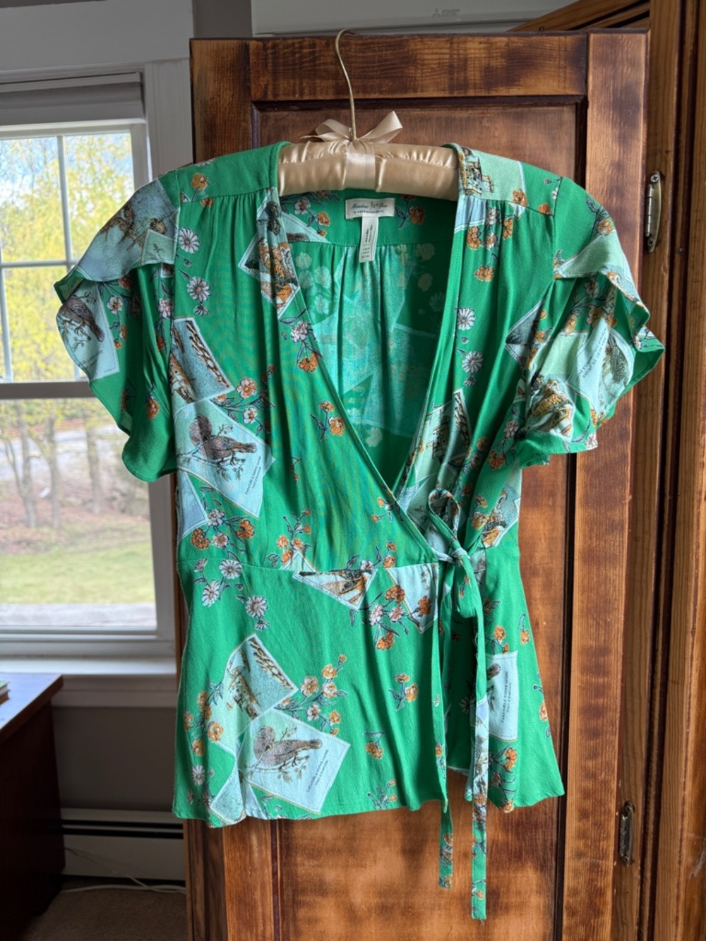Anthropologie Meadow Rue Green Floral Wrap Top
